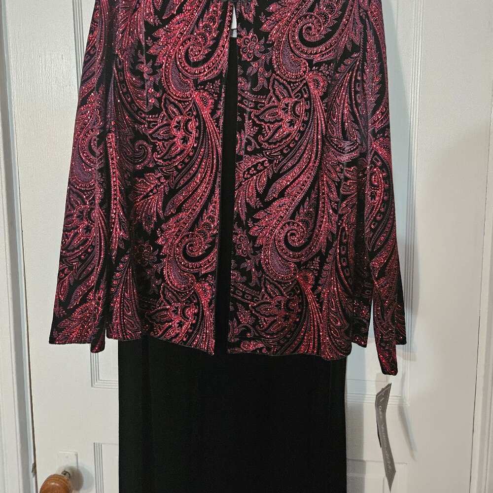 Sheri Martin Size 18 Evening 2 Piece Red Paisley Jacket & Black dress Velvet - Picture 2 of 14